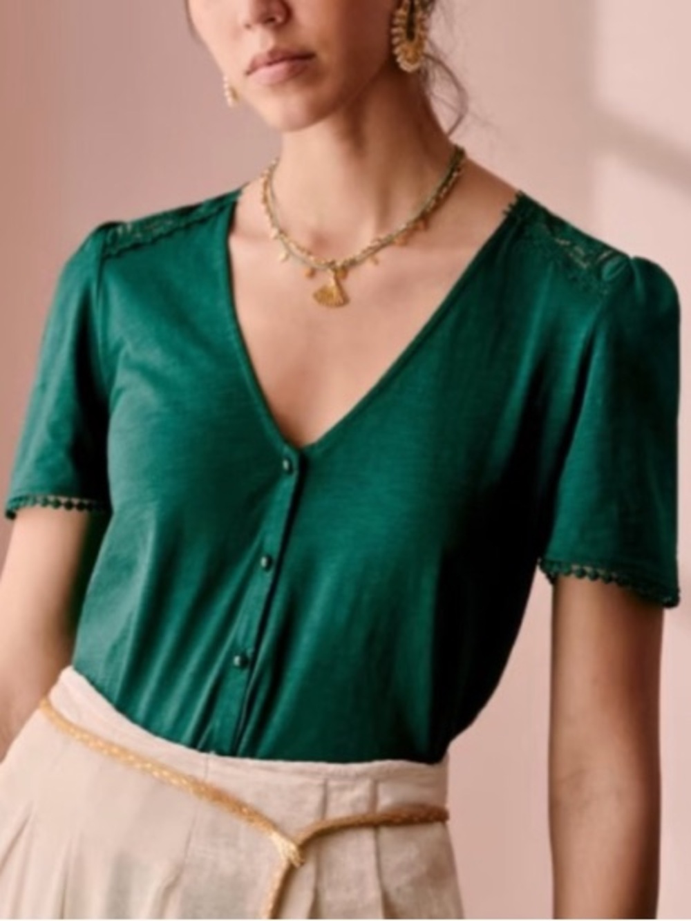 Sezane Doriane T-shirt Bottle Green Cotton Button Down V-Neck Lace Inset Medium